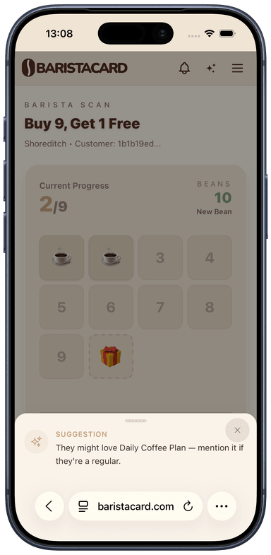 Barista scan with nudge suggestion