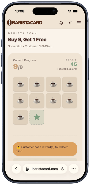 Barista redeem screen showing 9/9 stamps