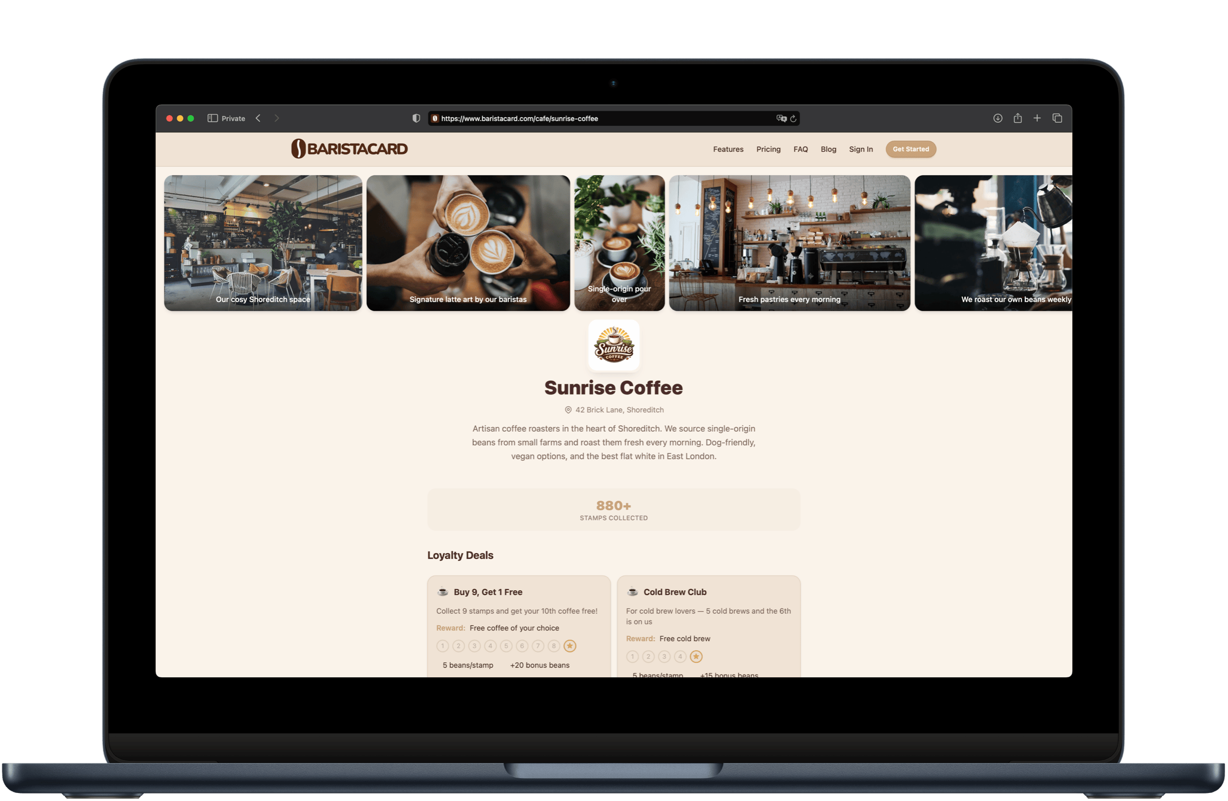 Preview of a cafe's public page on BaristaCard showing deals and location
