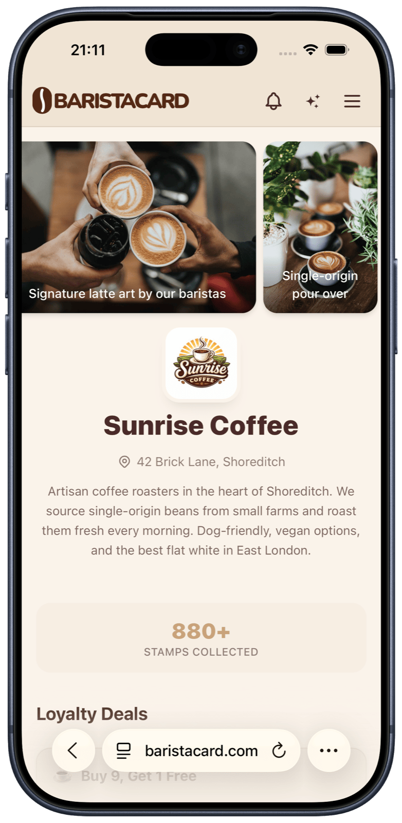 Preview of a cafe's public page on BaristaCard showing deals and location