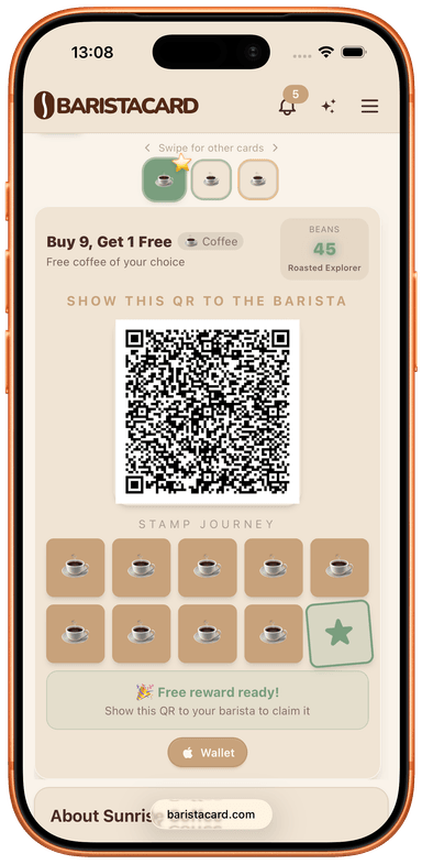 Digital loyalty stamp card with reward ready